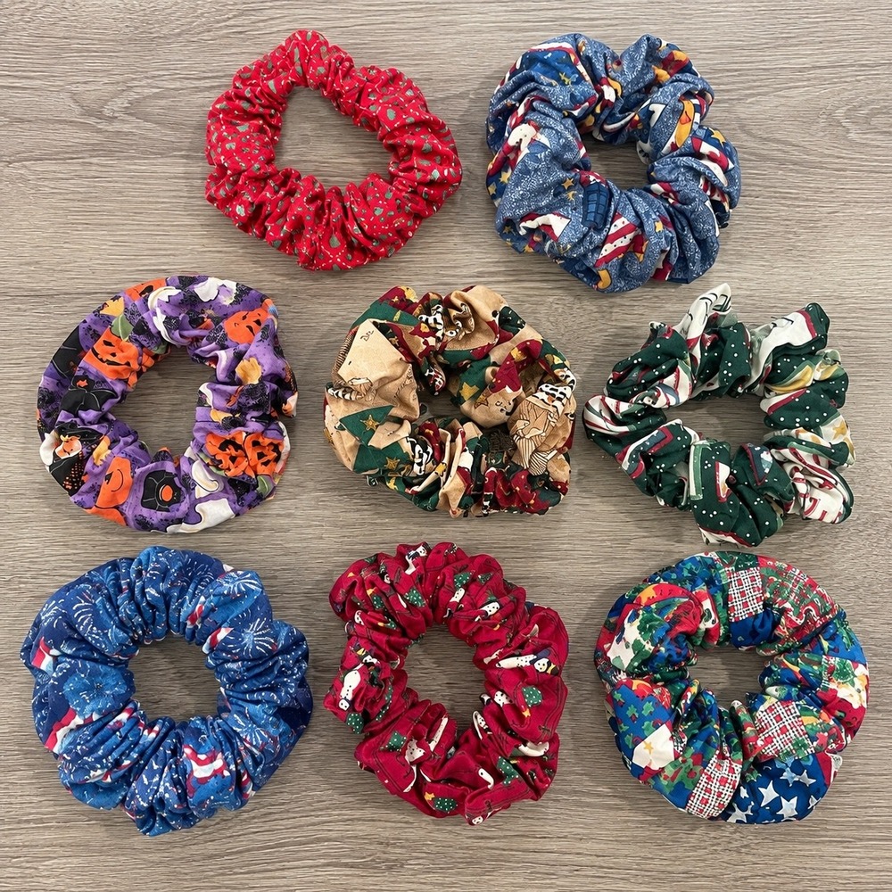 Vintage Fabric Scrunchies Lot of 8 Halloween Christmas Patriotic Floral